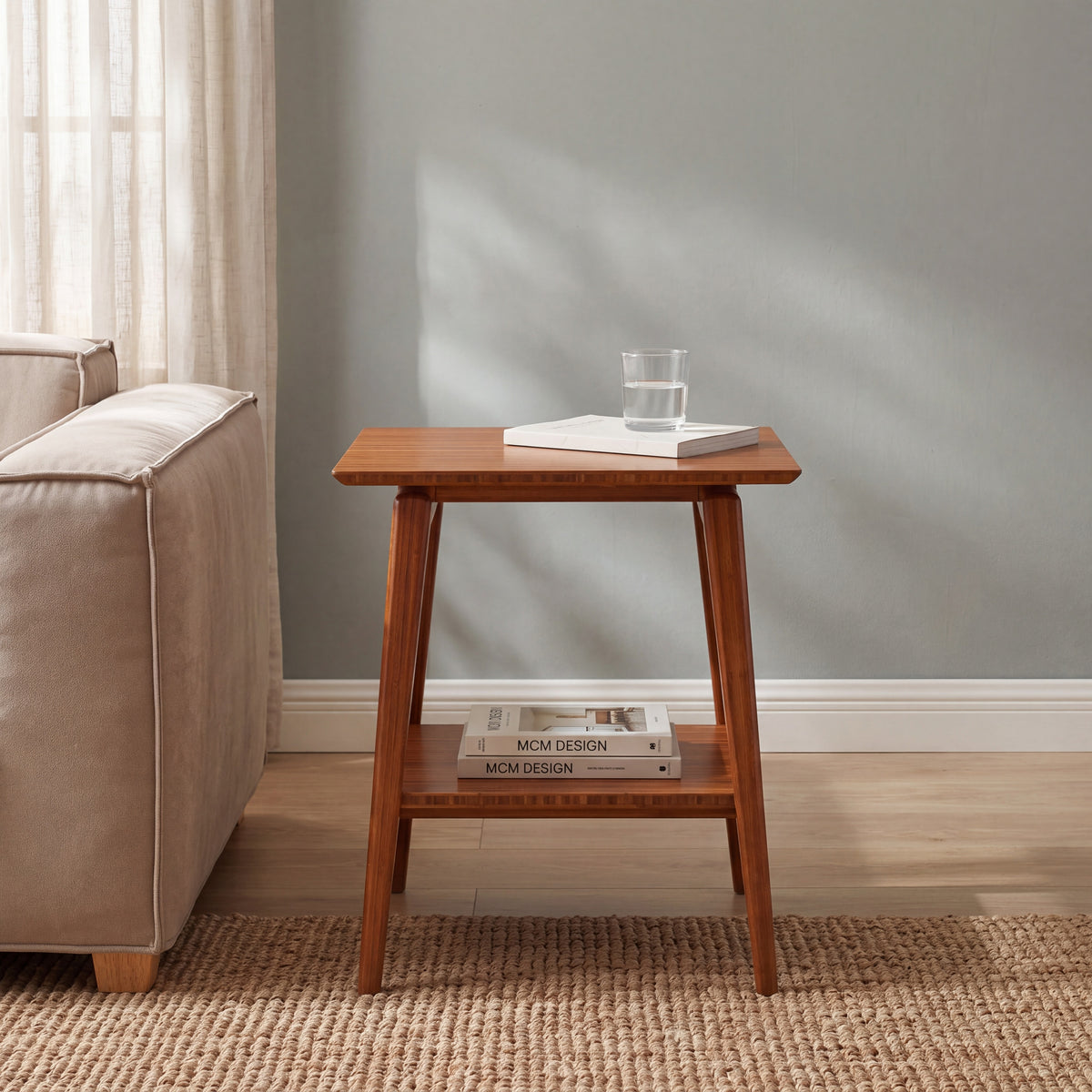 Greenington Antares End Table in Amber bamboo, styled in a living room