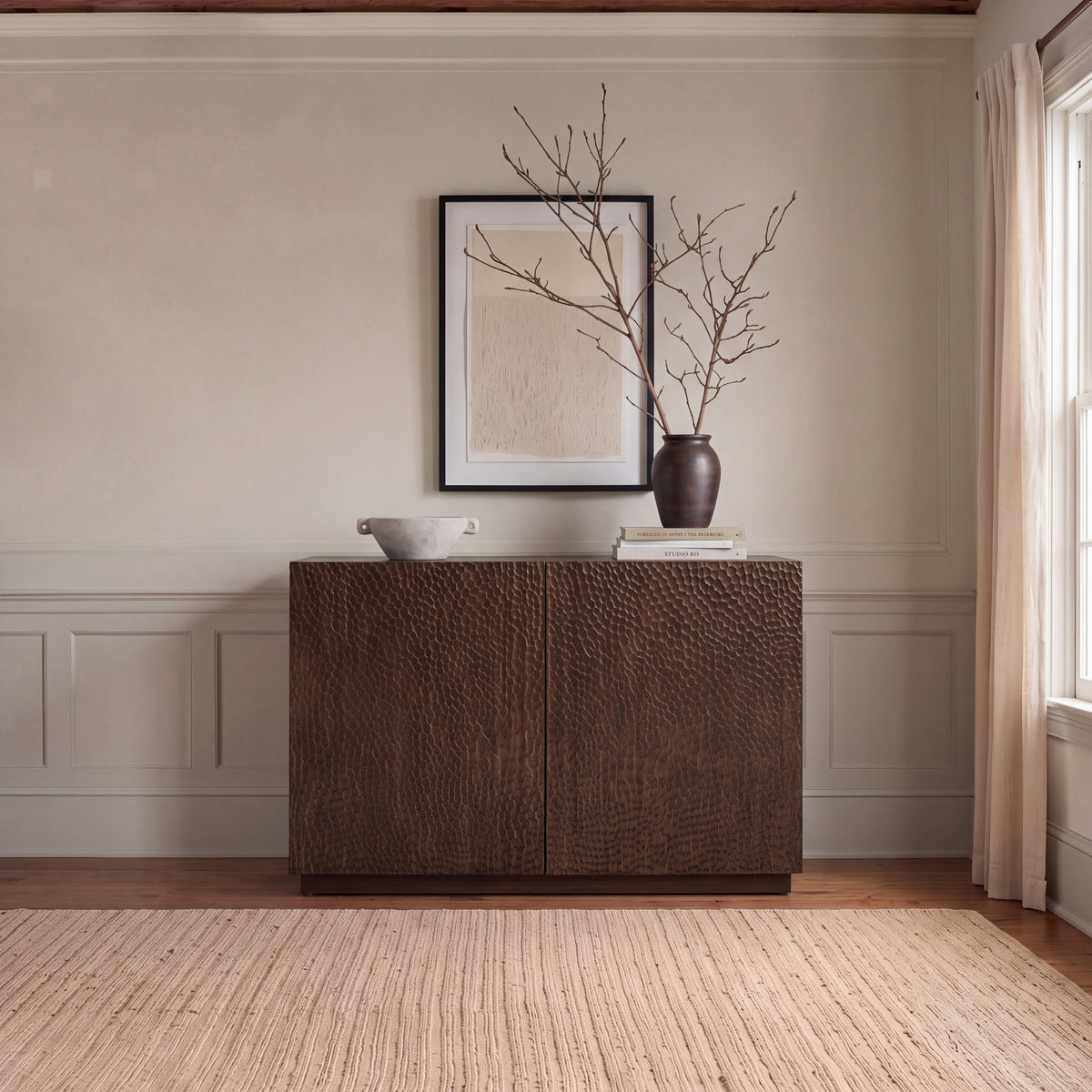 Greenington Avalon Sideboard/Console in Black Walnut bamboo, shown in a living room