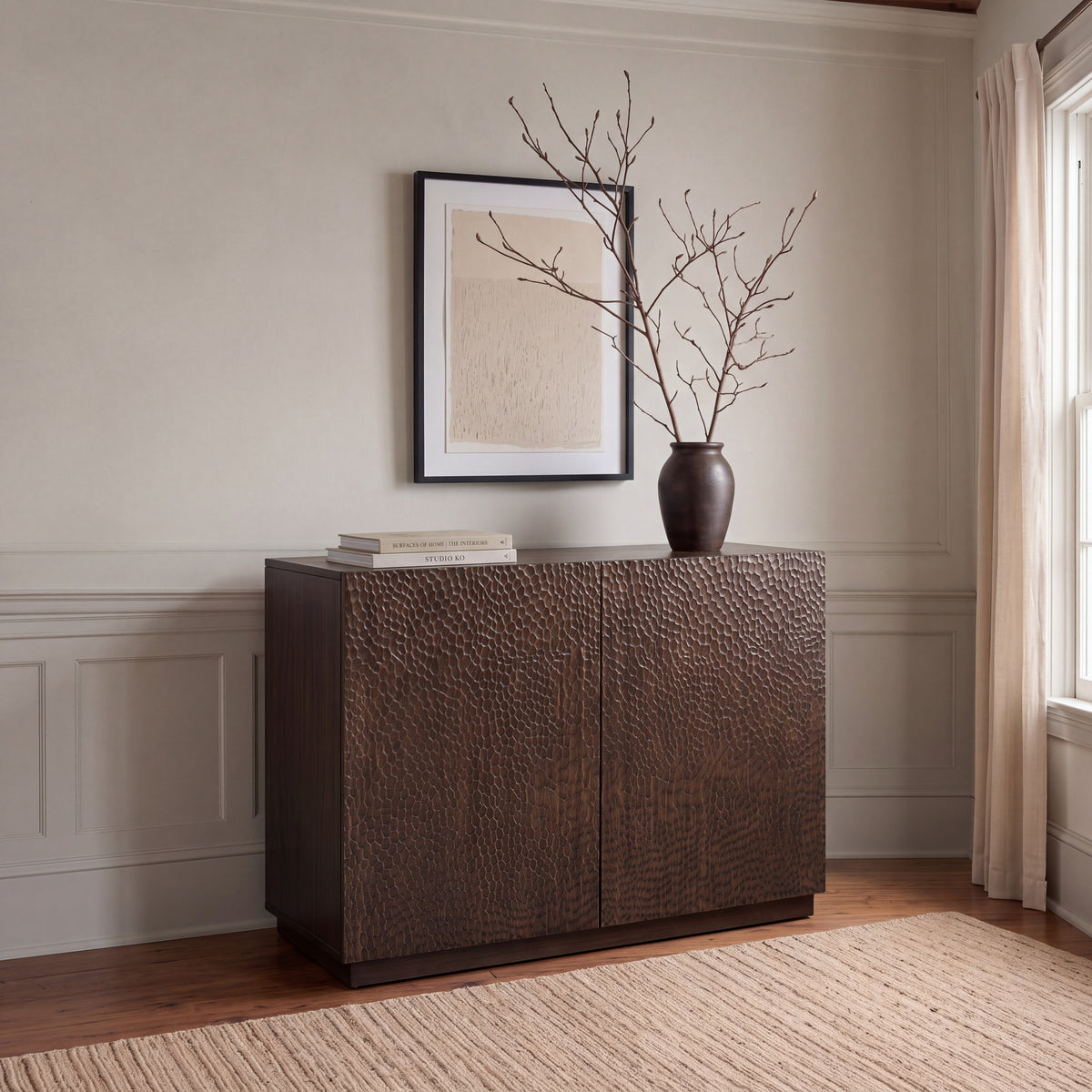 Greenington Avalon Sideboard/Console in Black Walnut bamboo, styled in a living room