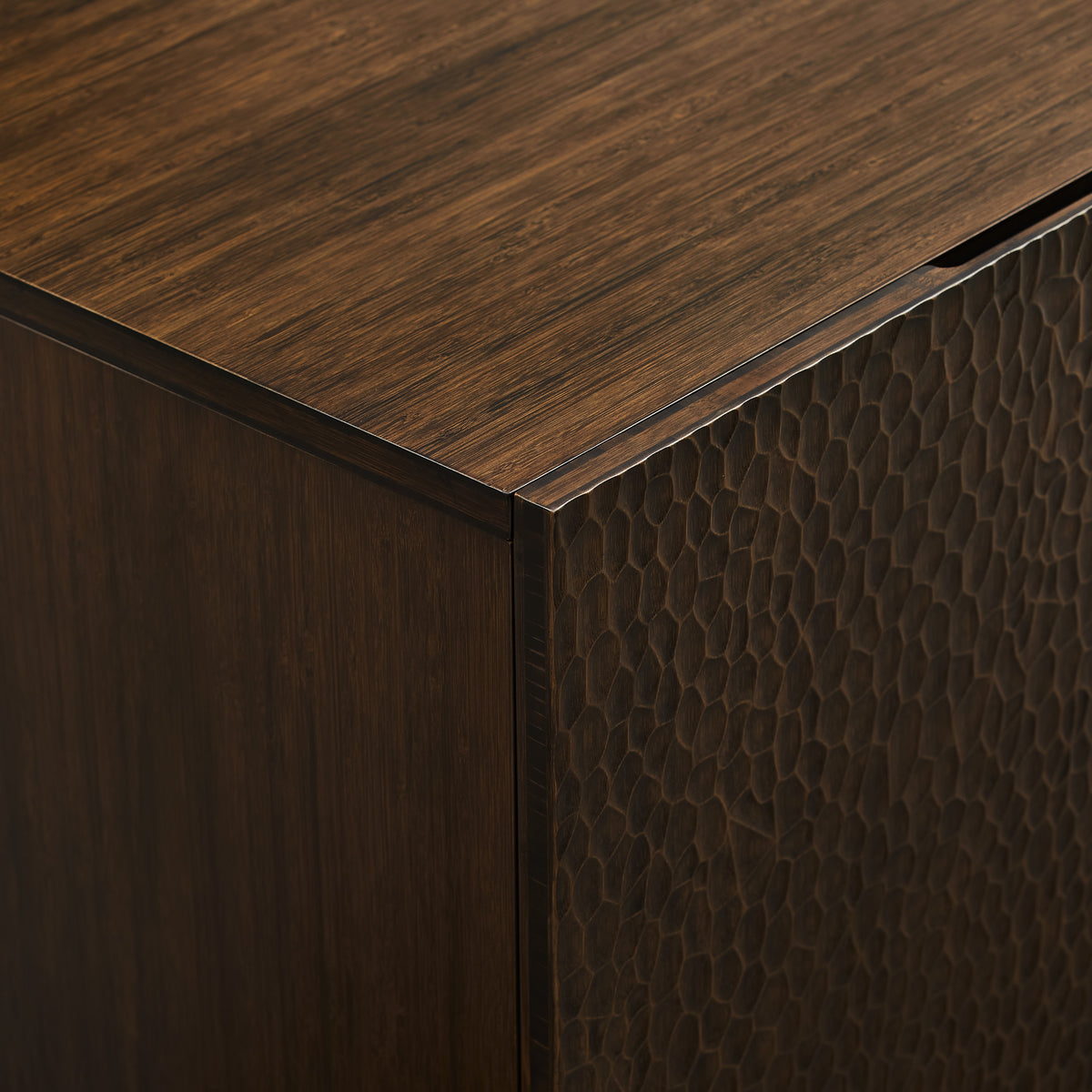 Close-up of the corner joinery on the Greenington Avalon Sideboard/Console in Black Walnut bamboo