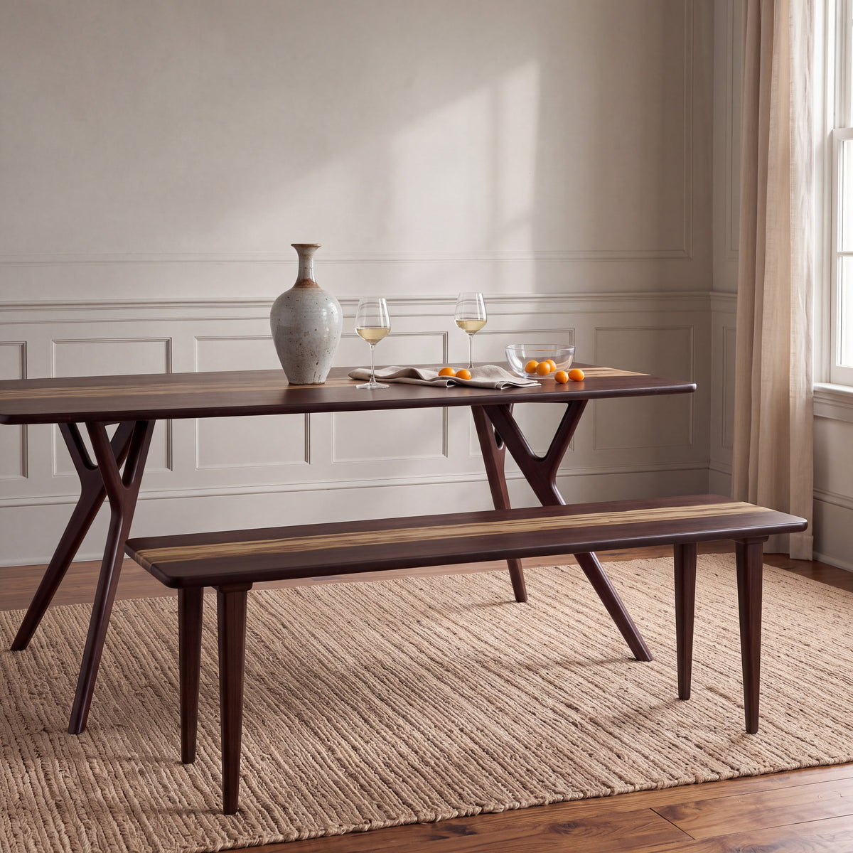 Greenington Azara Bench in Sable bamboo, styled in a dining room