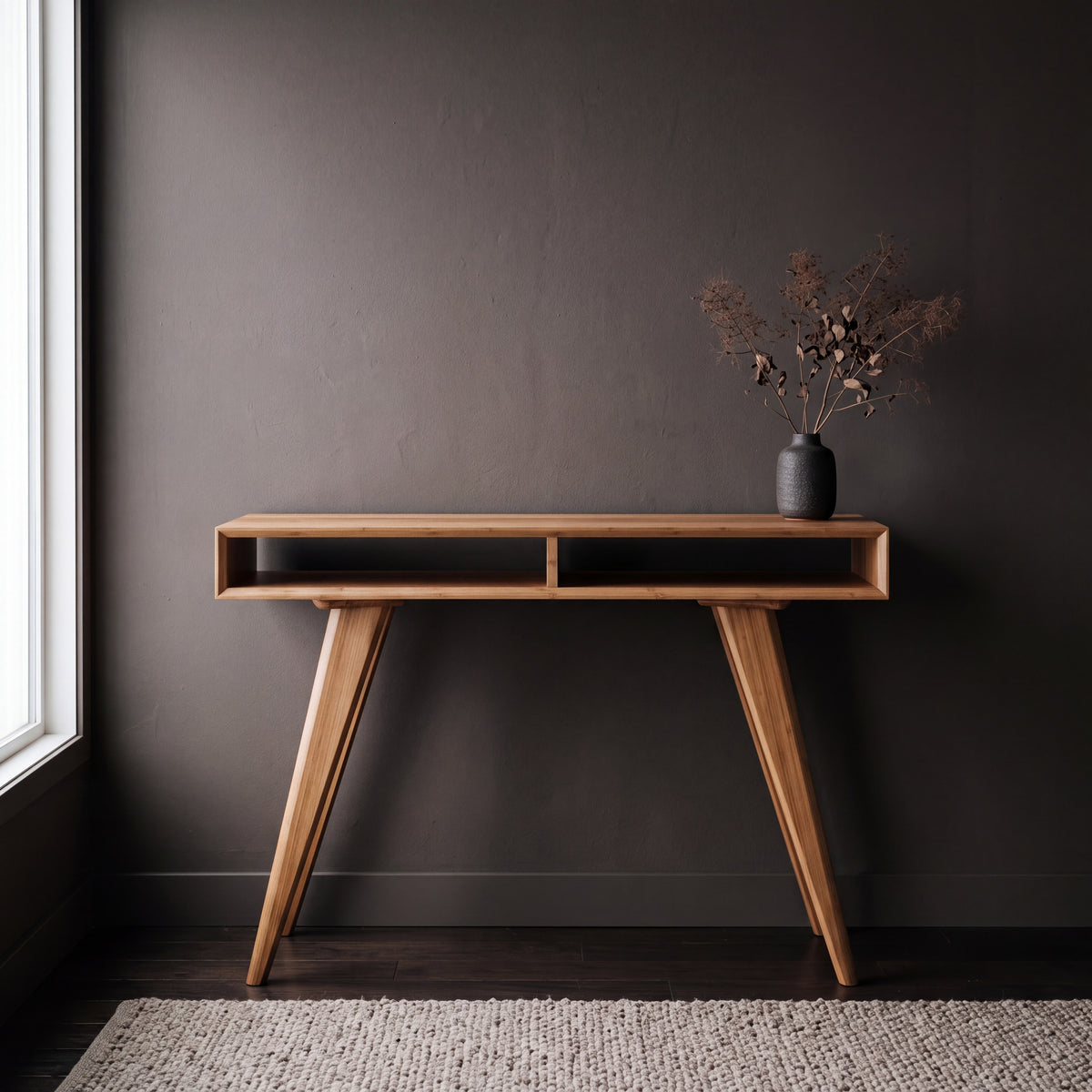 Greenington Azara Console Table in Caramelized bamboo, shown in a living room