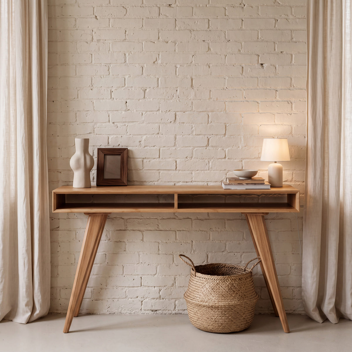 Greenington Azara Console Table in Caramelized bamboo, styled in a living room
