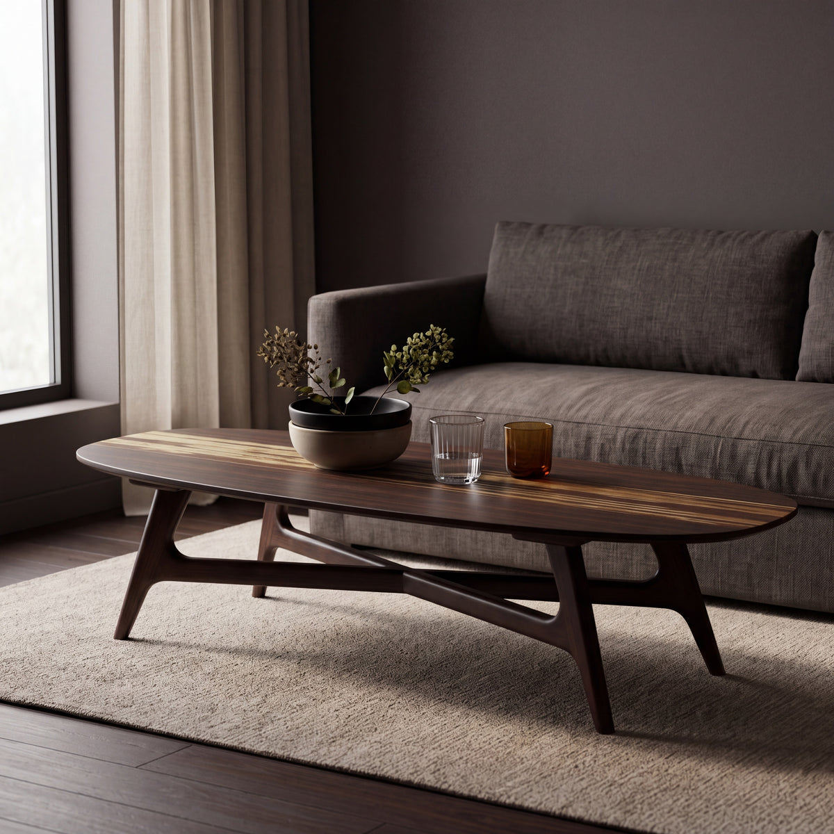 Greenington Azara Ellipse Coffee Table in Sable bamboo, in a furnished living room