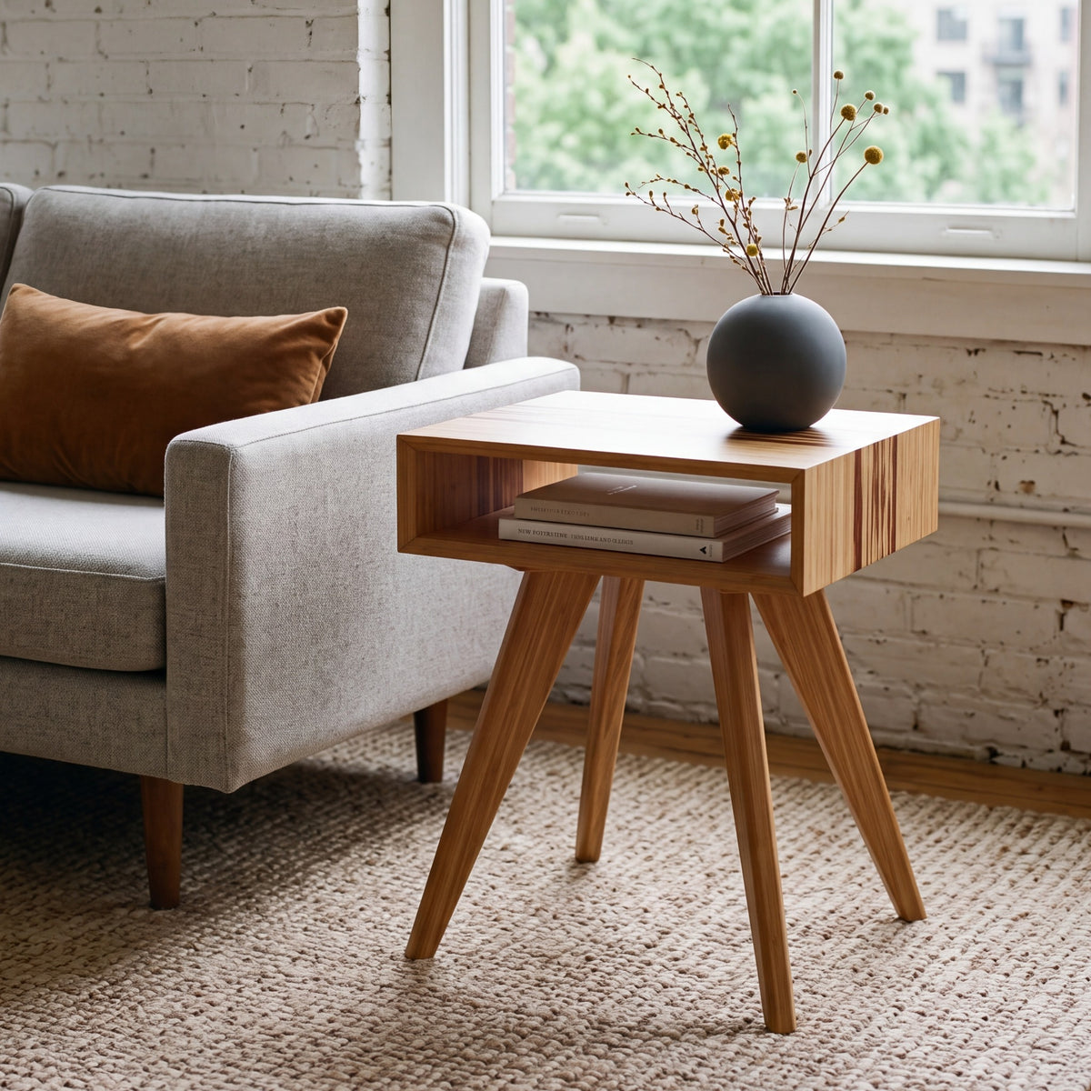 Greenington Azara End Table in Caramelized bamboo, styled in a living room