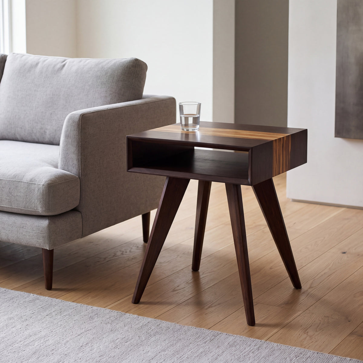 Greenington Azara End Table in Sable bamboo, styled in a living room