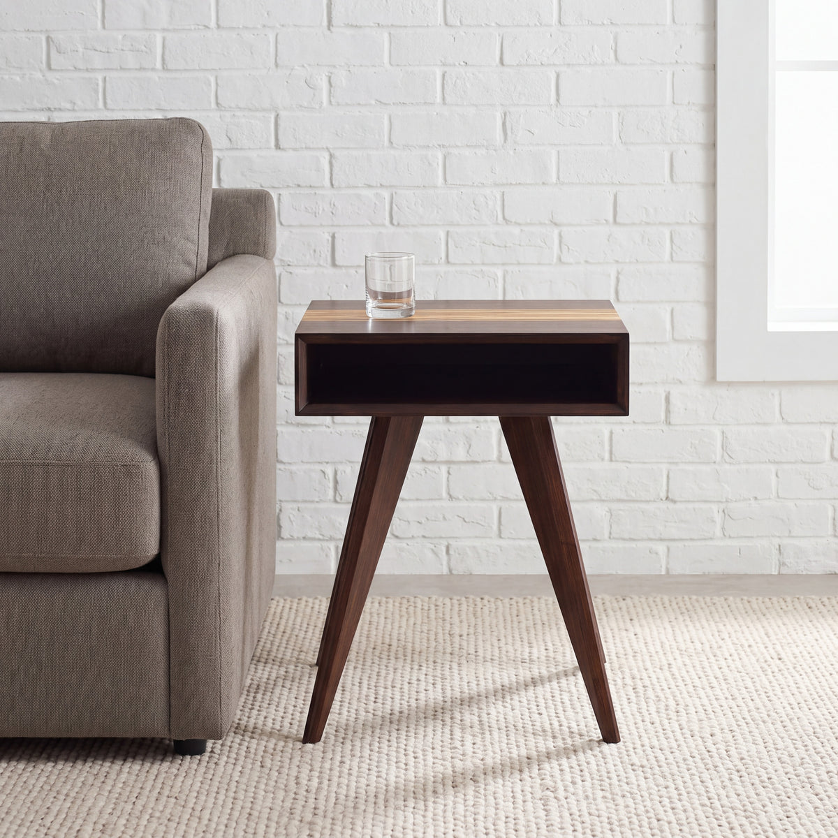 Greenington Azara End Table in Sable bamboo, pictured in a living room