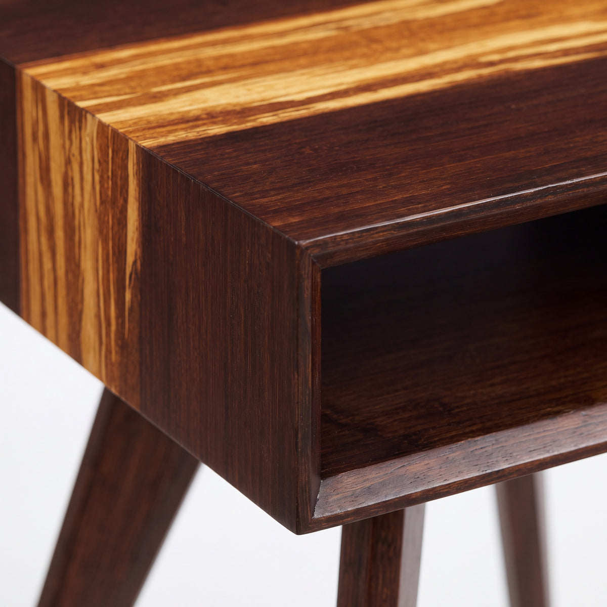 Close-up of the corner joinery on the Greenington Azara End Table in Sable bamboo