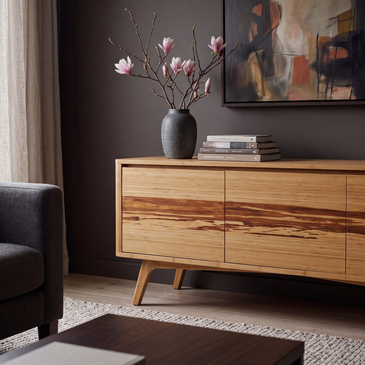 Greenington Azara Media Cabinet in Caramelized bamboo, in a living room setting