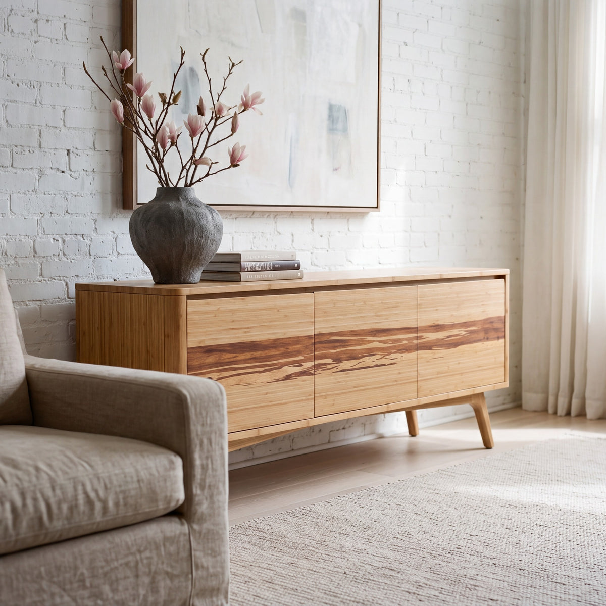 Greenington Azara Media Cabinet in Caramelized bamboo, pictured in a living room