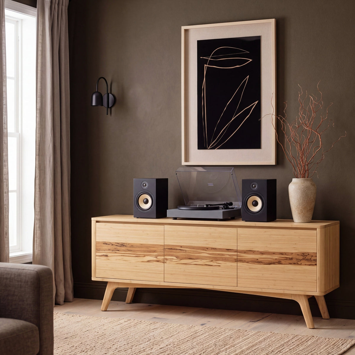 Greenington Azara Media Cabinet in Caramelized bamboo, shown in a living room
