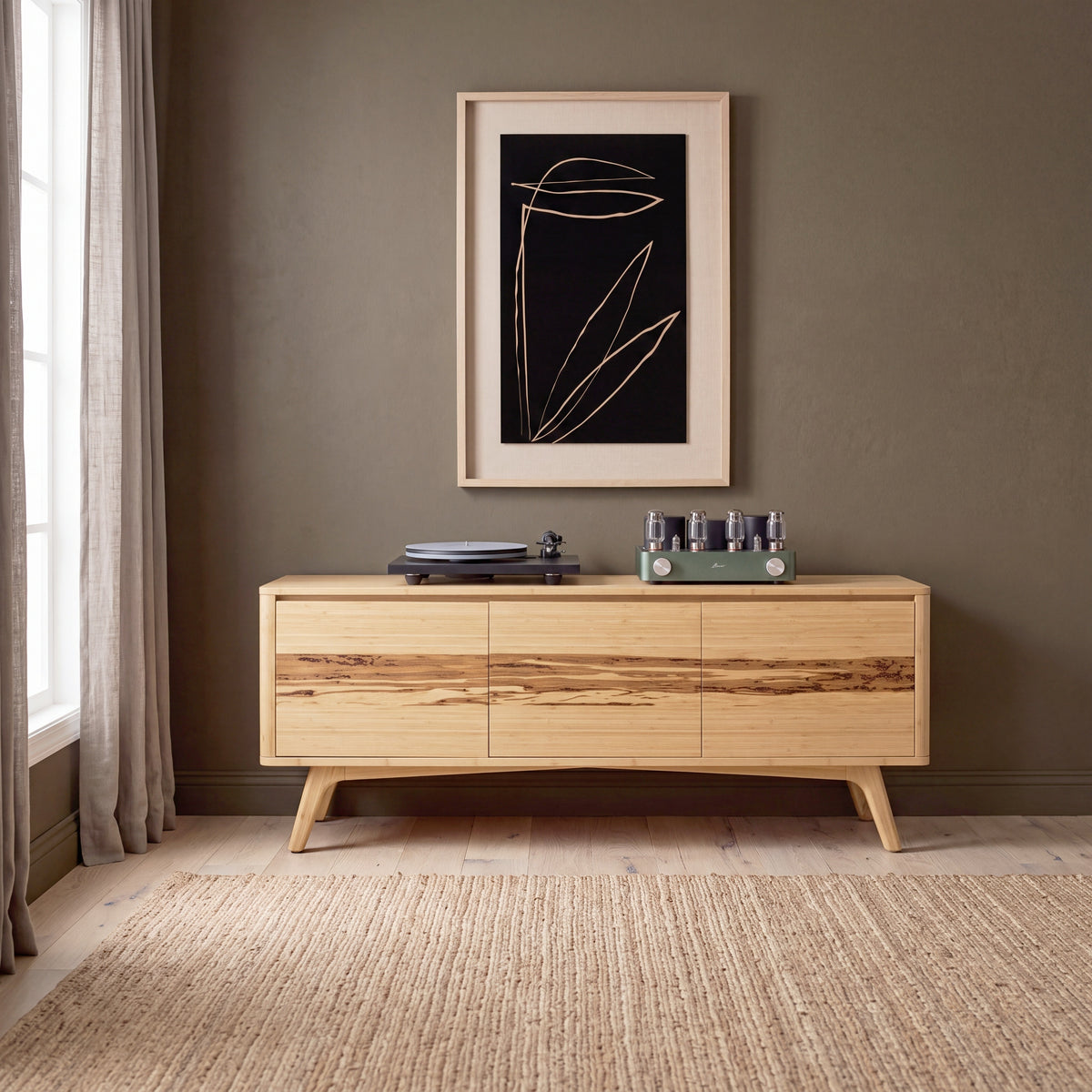 Greenington Azara Media Cabinet in Caramelized bamboo, in a furnished living room