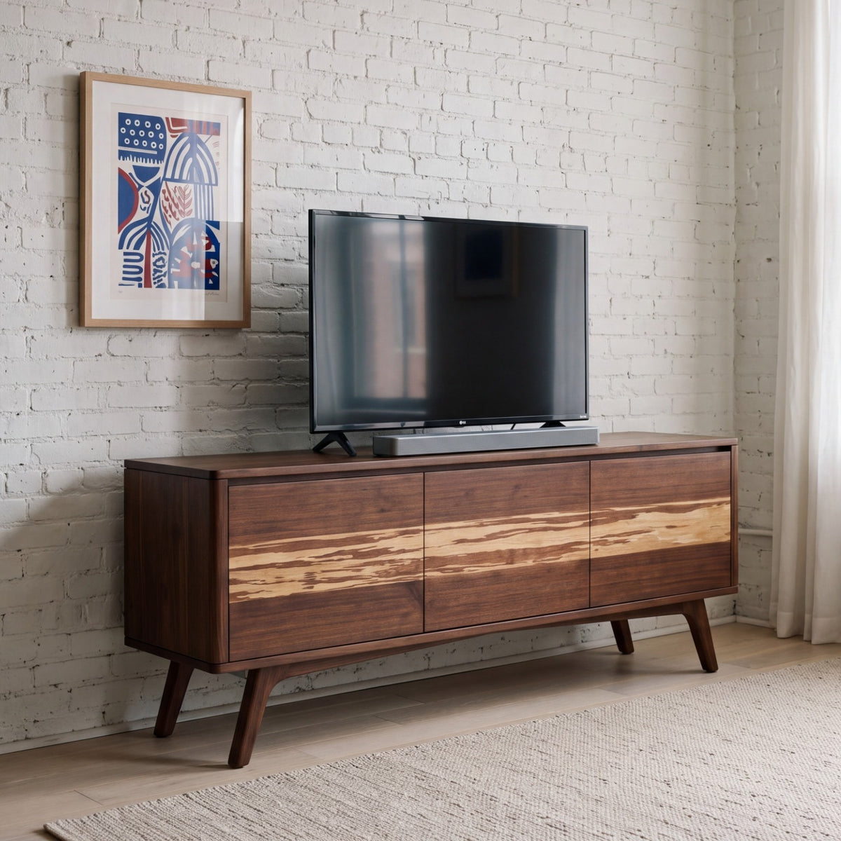 Greenington Azara Media Cabinet in Sable bamboo, styled in a living room