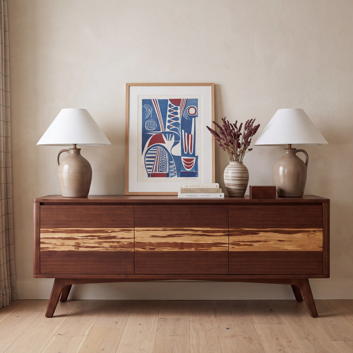 Greenington Azara Media Cabinet in Sable bamboo, shown in a living room