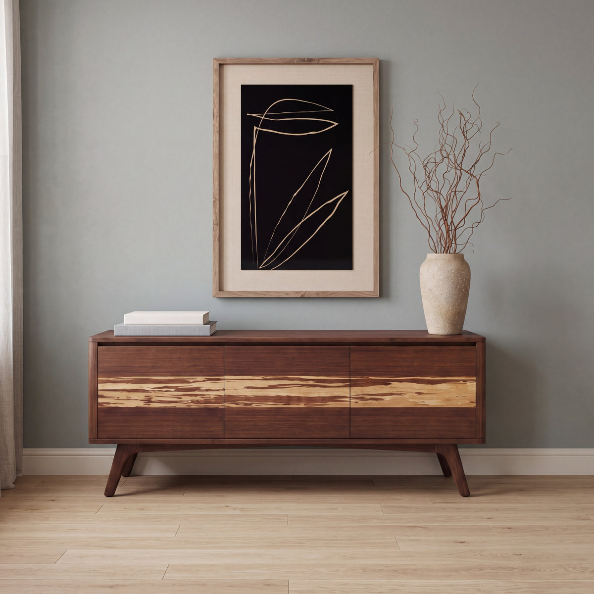 Greenington Azara Media Cabinet in Sable bamboo, styled in a living room