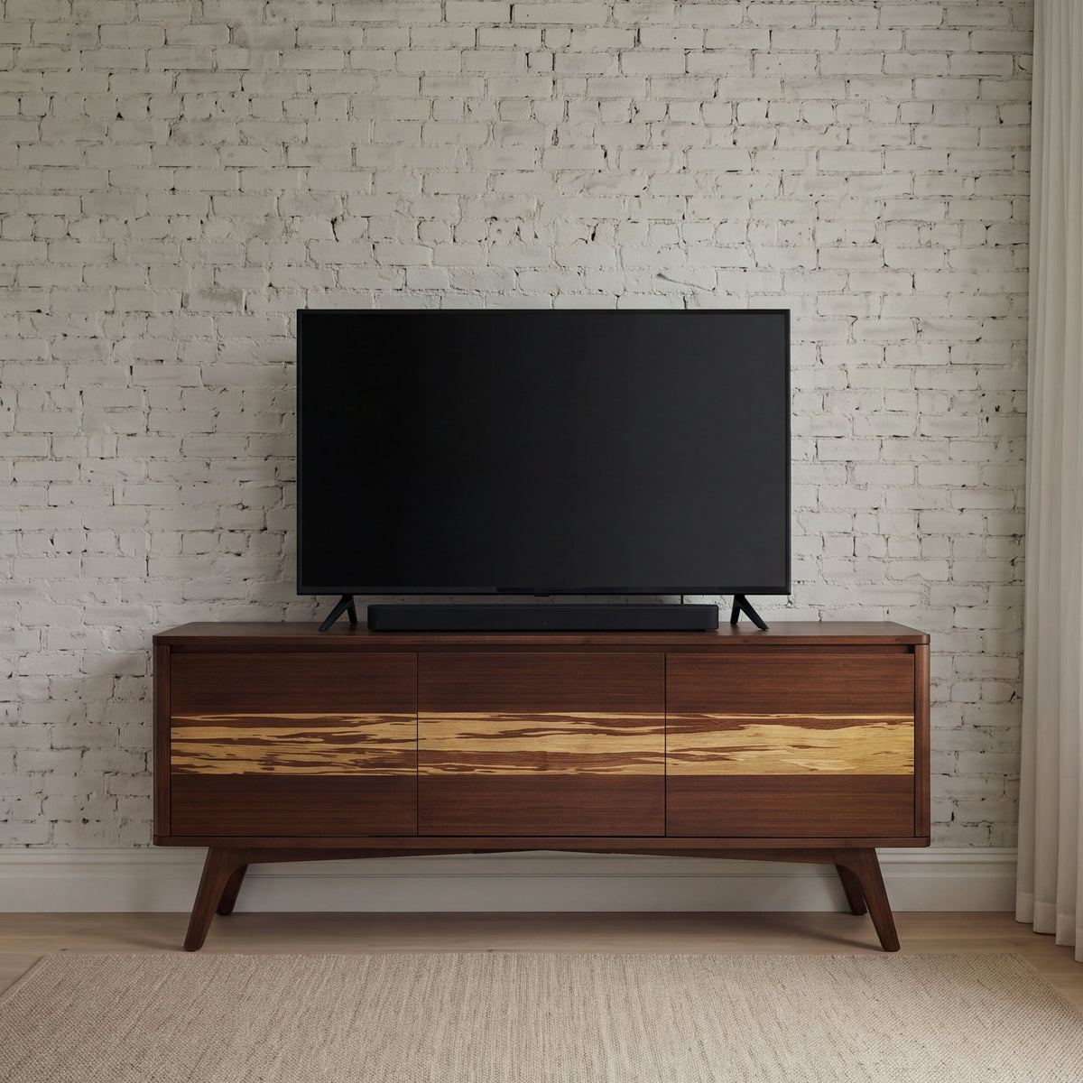 Greenington Azara Media Cabinet in Sable bamboo, styled in a living room