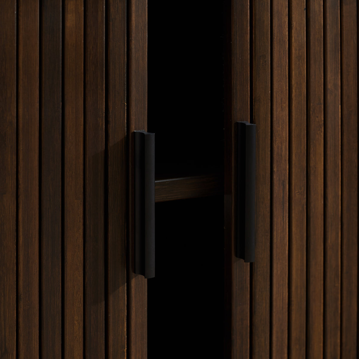 Close-up of the hardware on the Greenington Carmel Console in Black Walnut bamboo