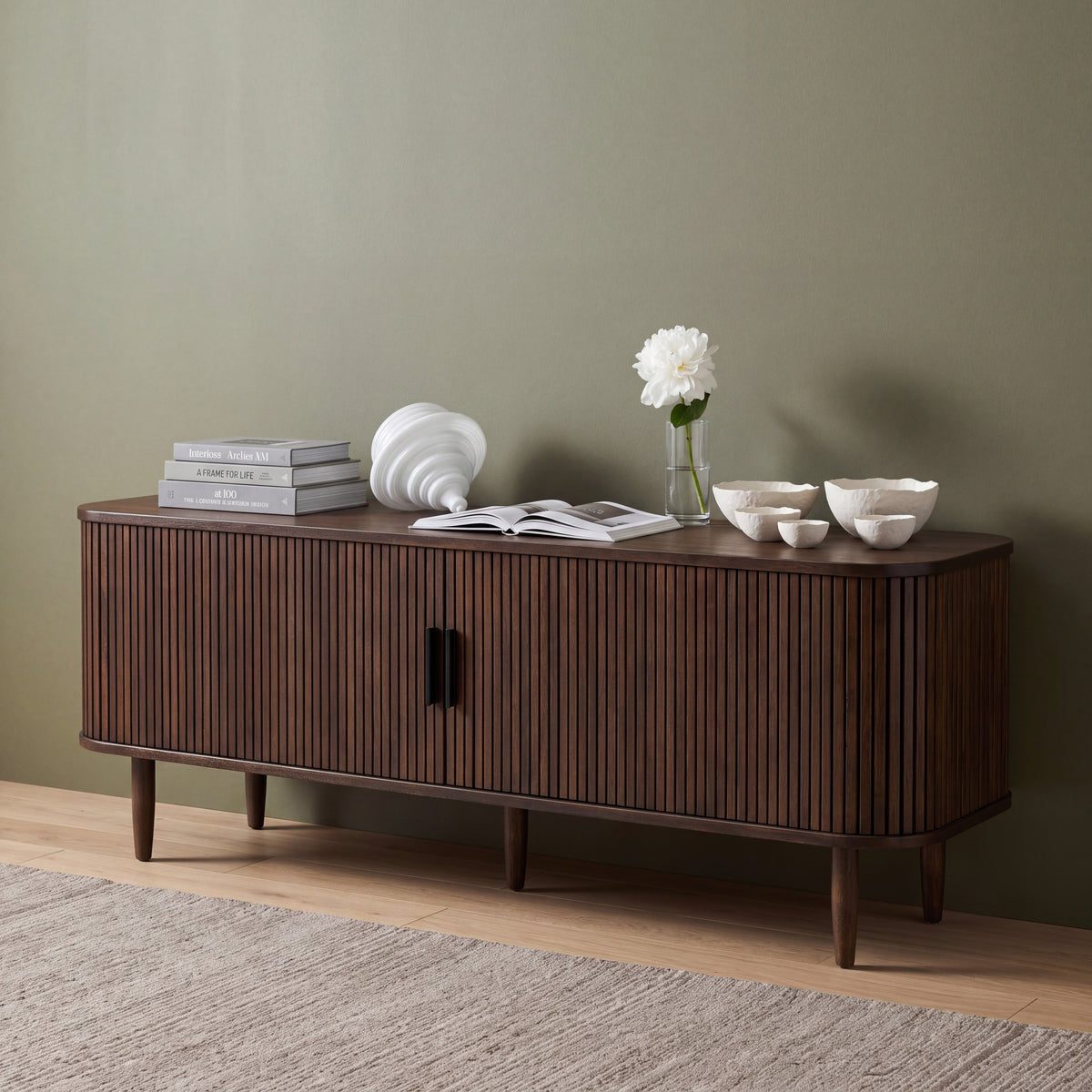 Greenington Carmel Console in Black Walnut bamboo, pictured in a living room