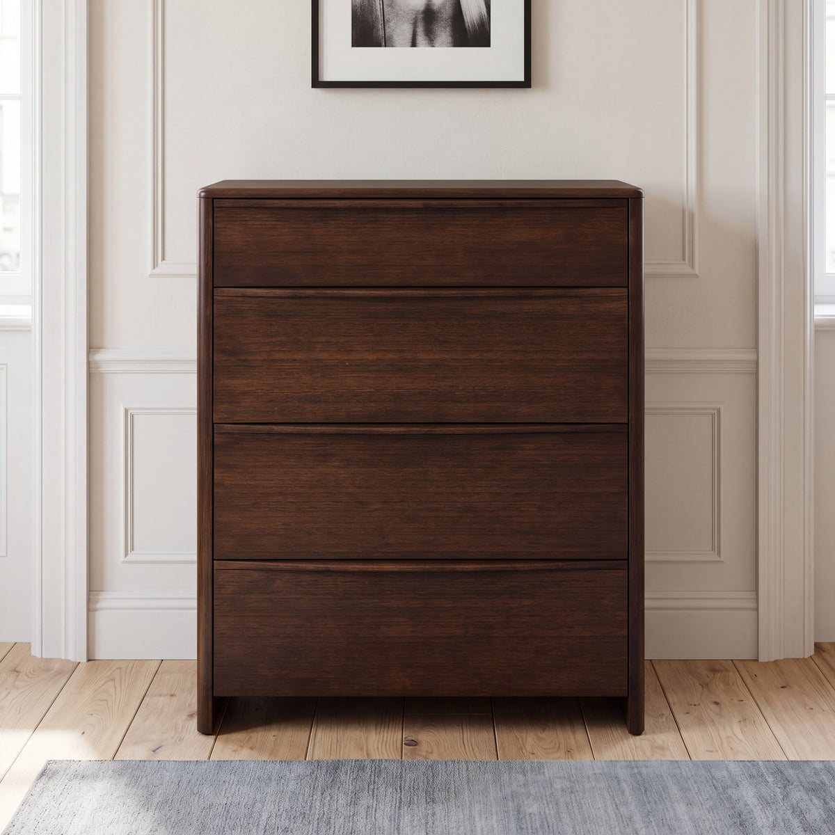 Greenington Catalina Chest in Black Walnut bamboo, styled in a bedroom