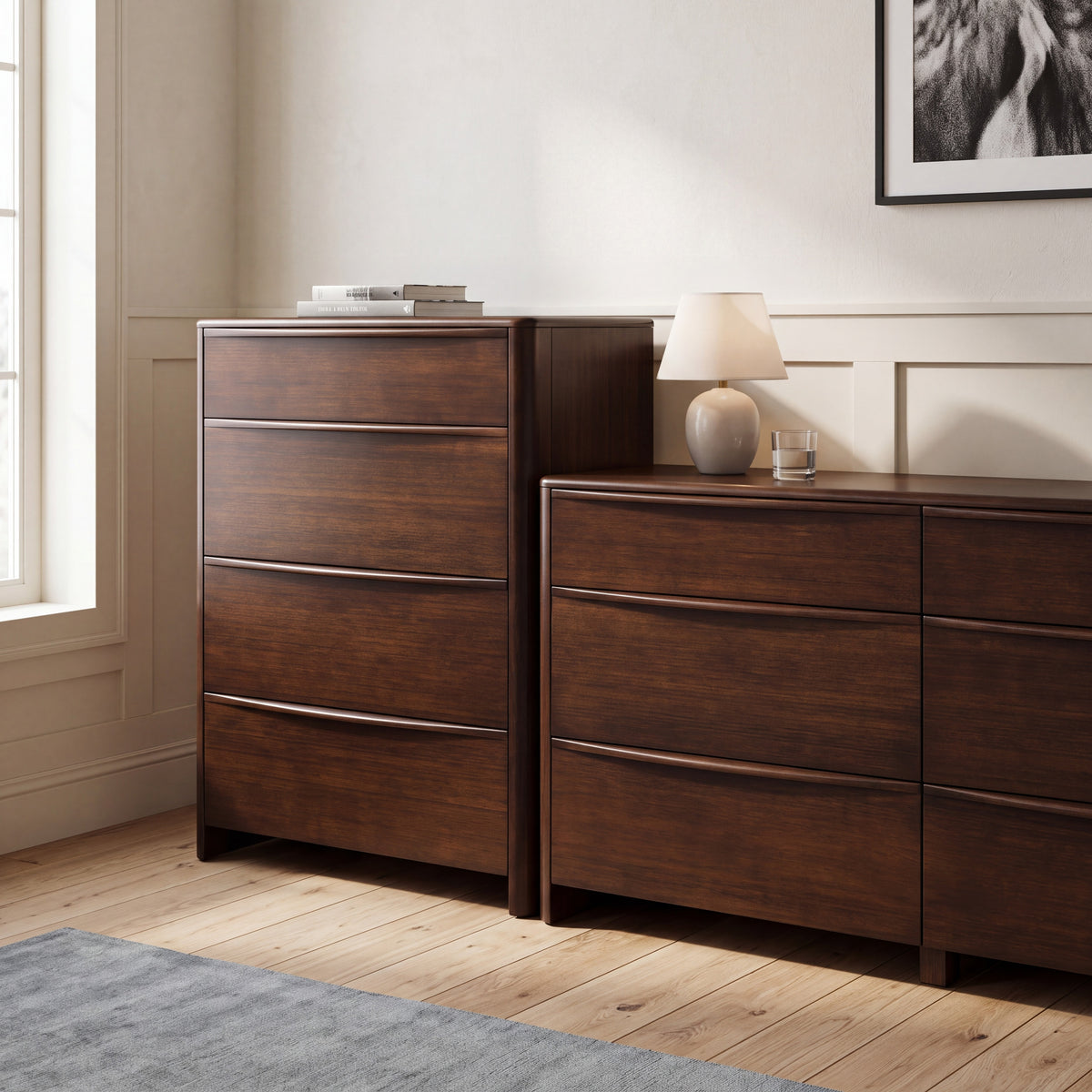 Greenington Catalina Chest in Black Walnut bamboo, styled in a bedroom