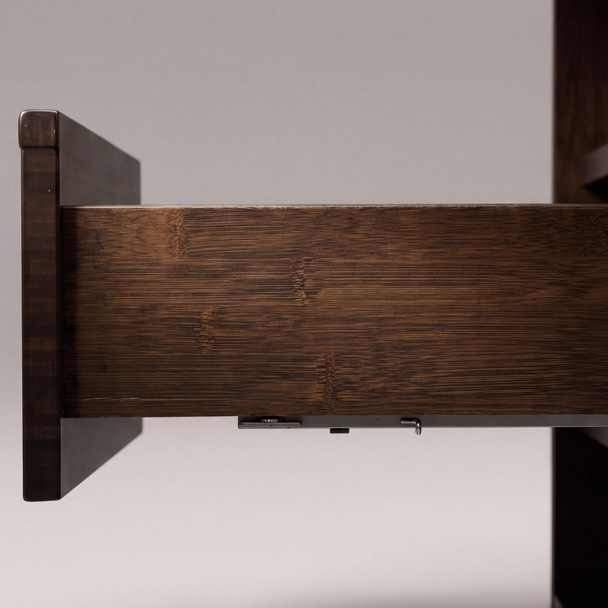 Close-up of the drawer joinery on the Greenington Catalina Nightstand in Black Walnut bamboo