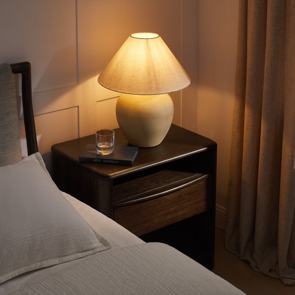Greenington Catalina Nightstand in Black Walnut bamboo, in a bedroom setting