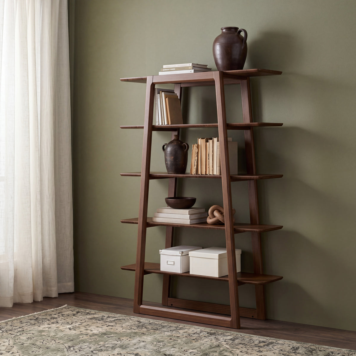 Greenington Currant Bookshelf in Black Walnut bamboo, in a furnished living room