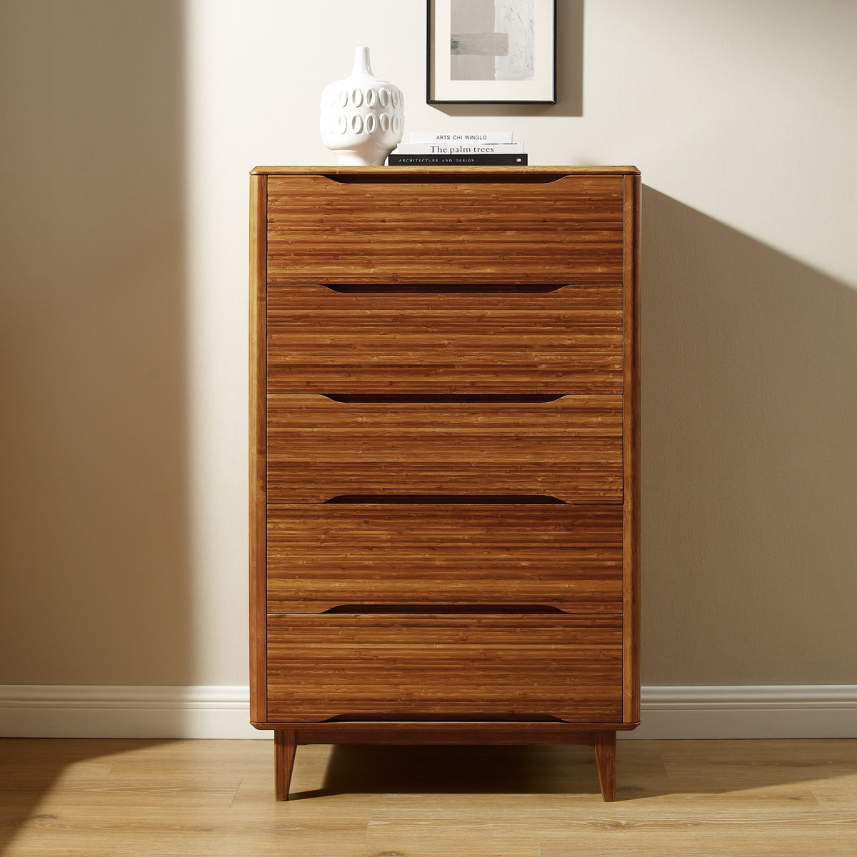 Greenington Currant Chest in Amber bamboo, styled in a bedroom