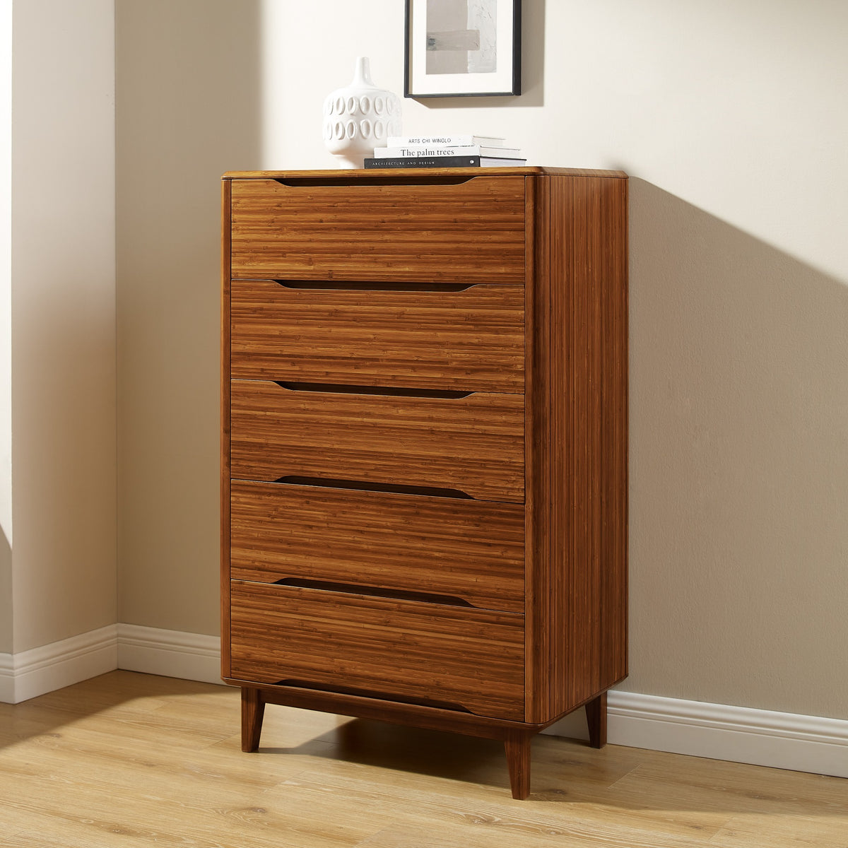 Greenington Currant Chest in Amber bamboo, shown in a bedroom