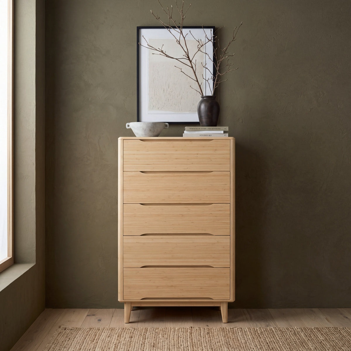 Greenington Currant Chest in Caramelized bamboo, styled in a bedroom