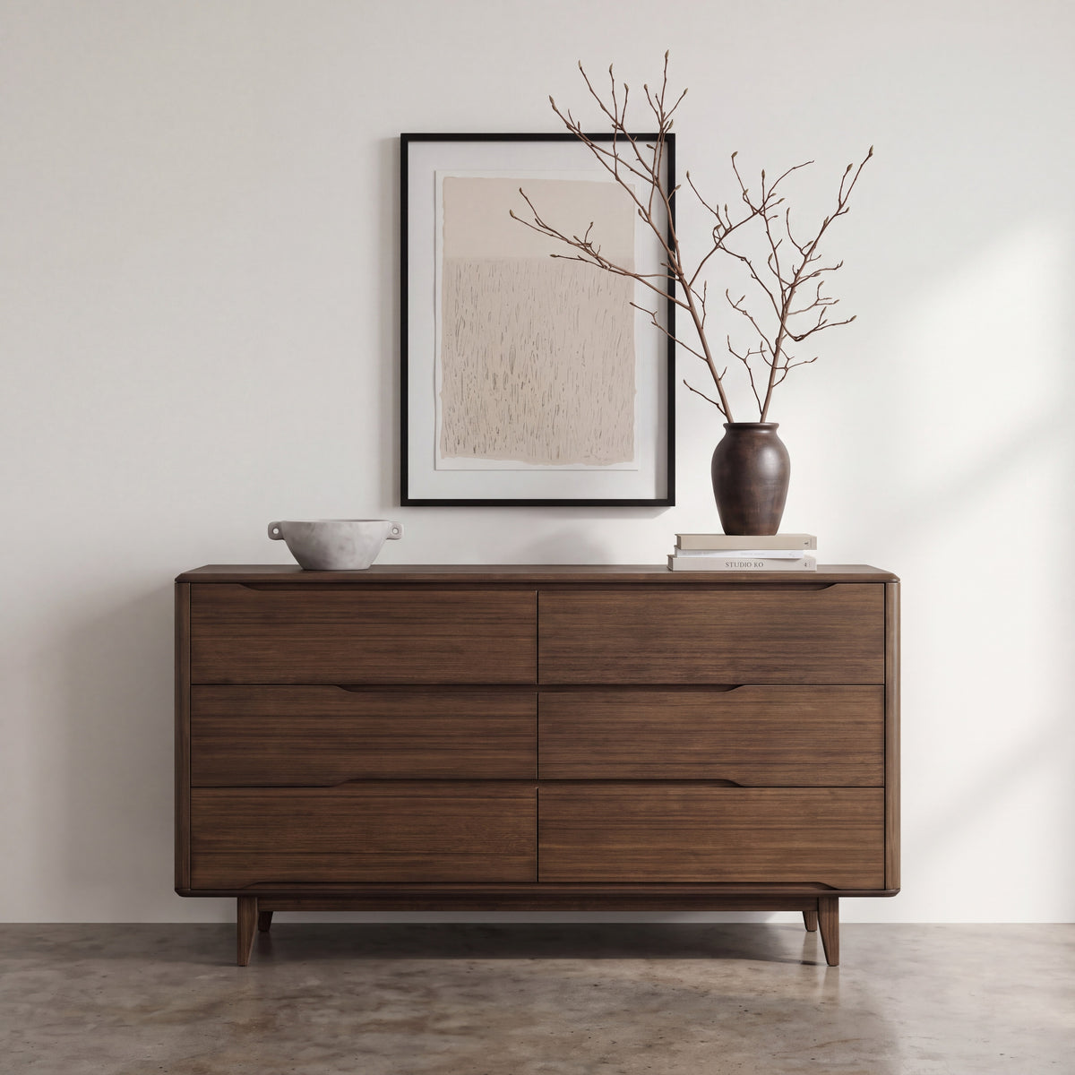 Greenington Currant Dresser in Black Walnut bamboo, styled in a bedroom