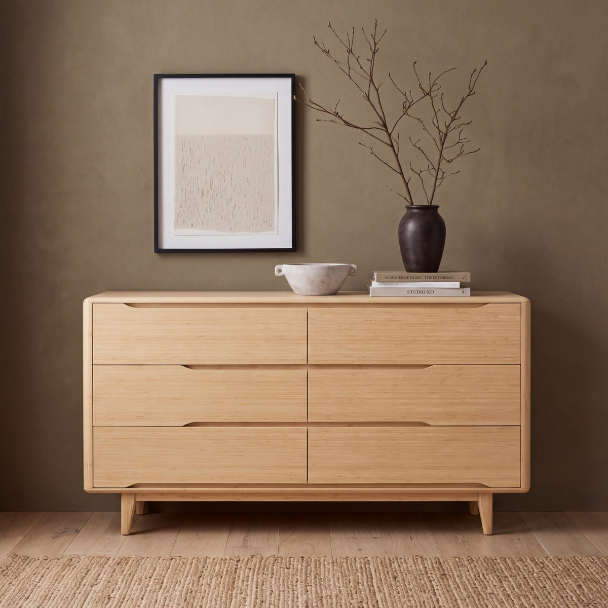Greenington Currant Dresser in Caramelized bamboo, styled in a bedroom