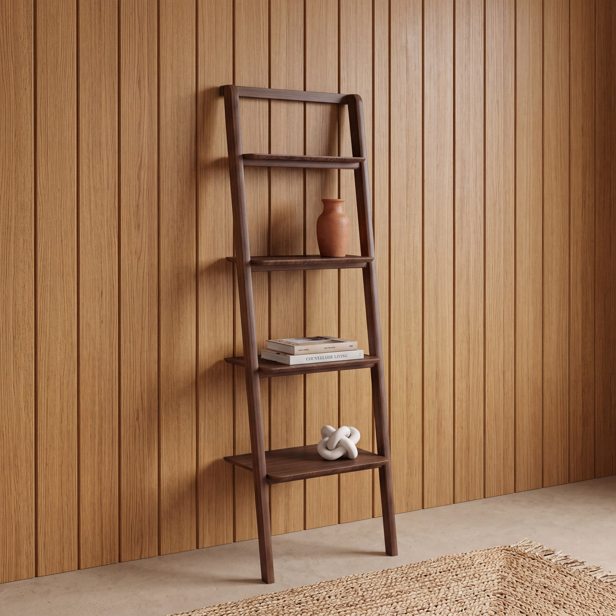 Currant writing desk and leaning bookshelf in Black Walnut
