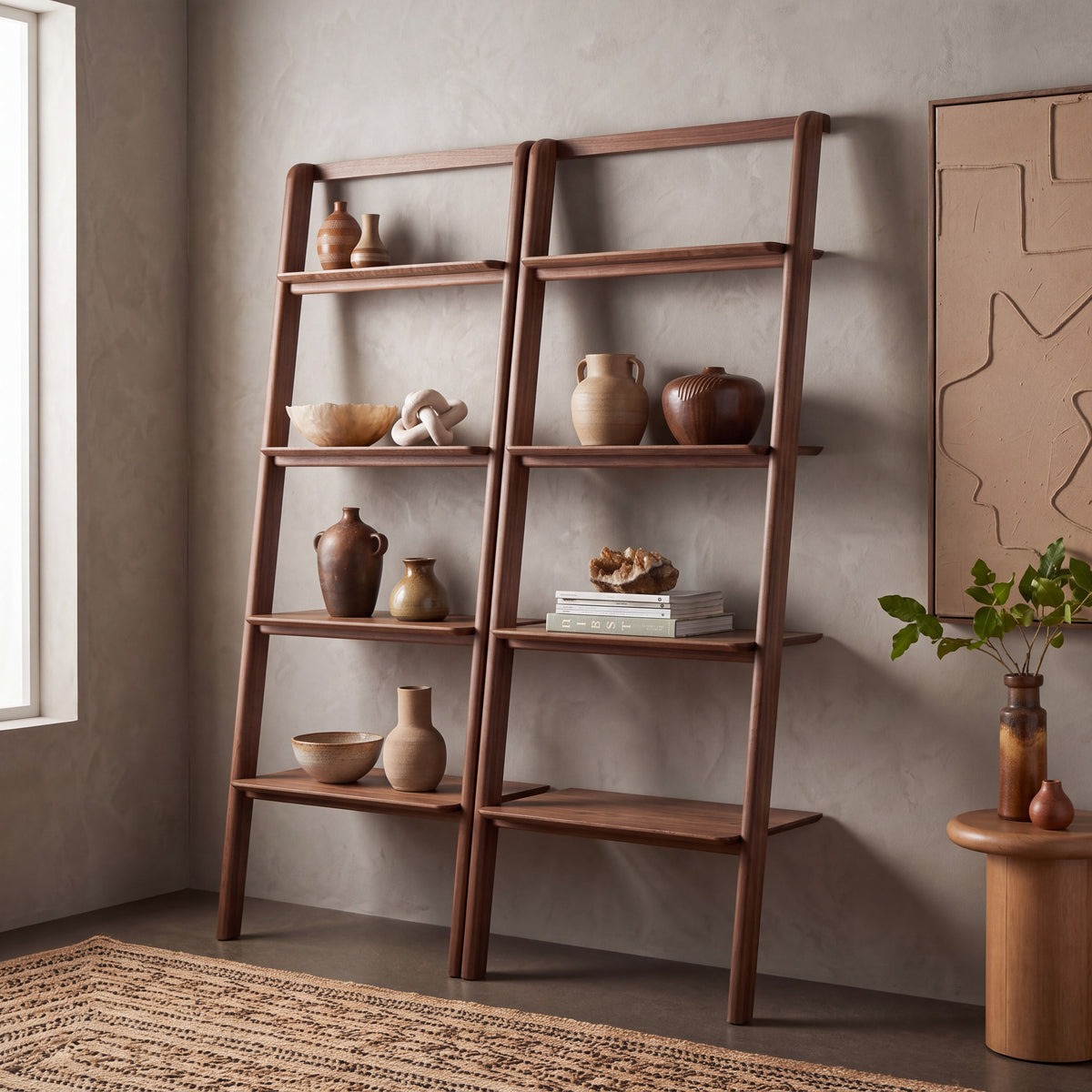 Greenington Currant Leaning Bookshelf in Black Walnut bamboo, styled in a home office