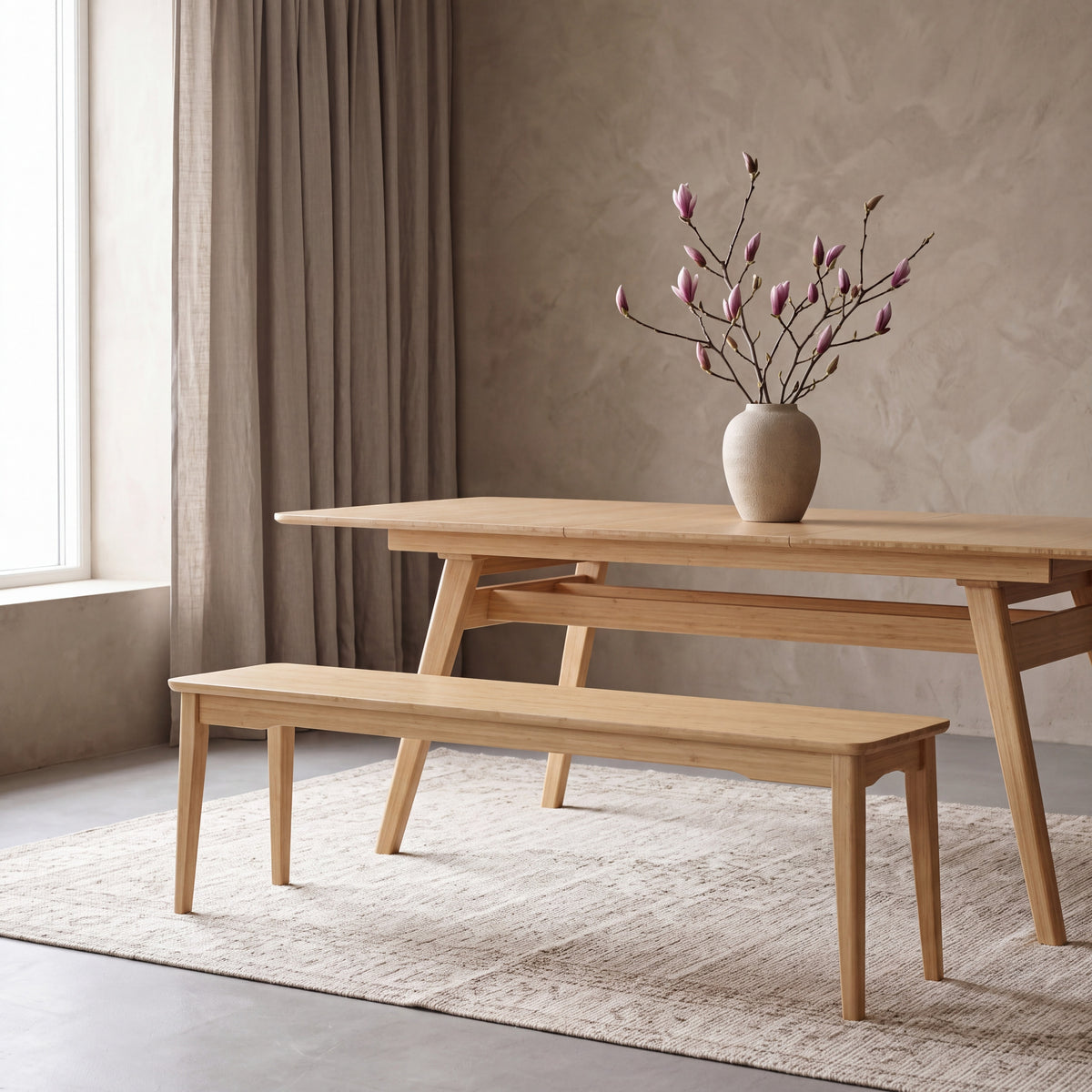 Greenington Currant Long Bench in Caramelized bamboo, styled in a dining room