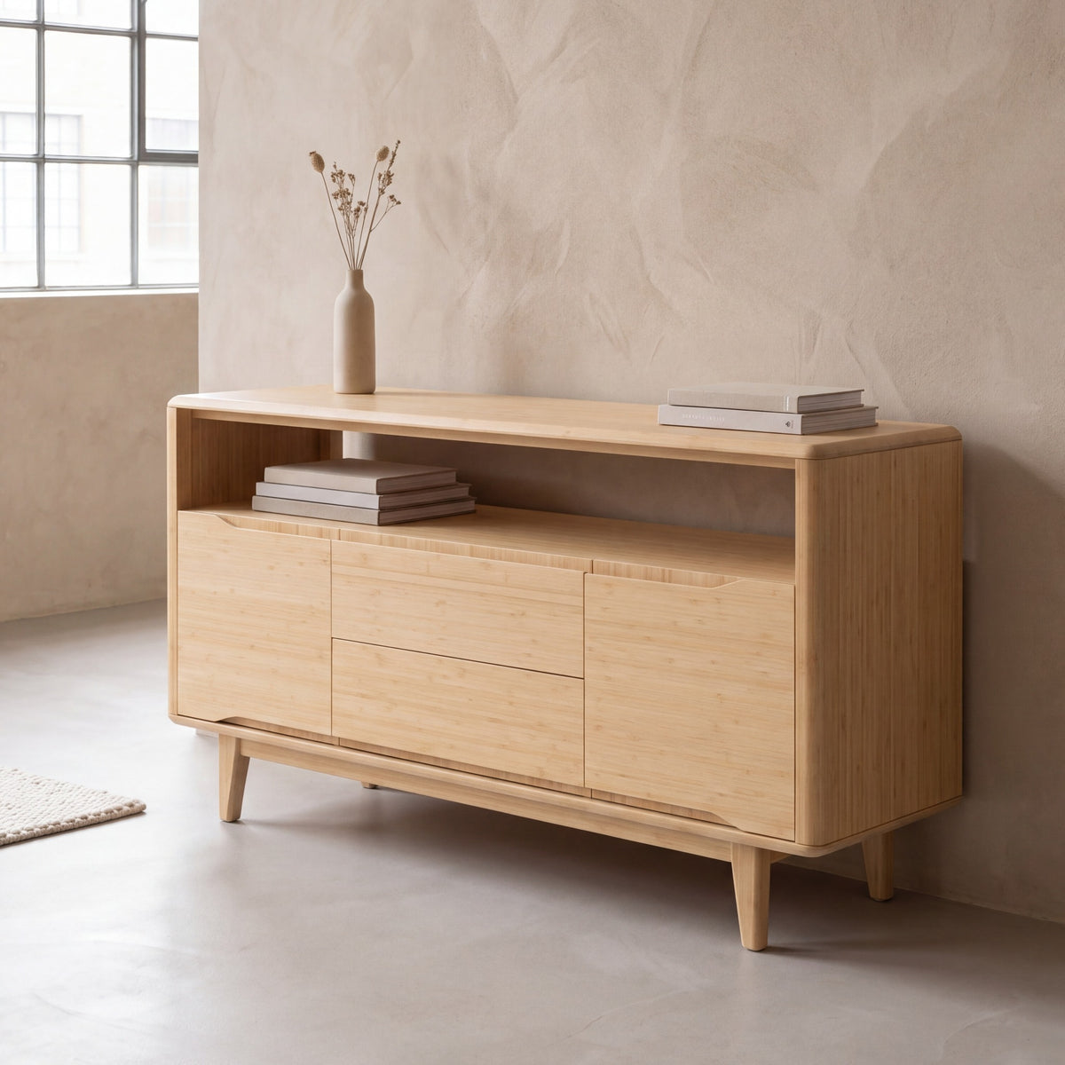 Greenington Currant Media Table in Caramelized bamboo, in a living room setting