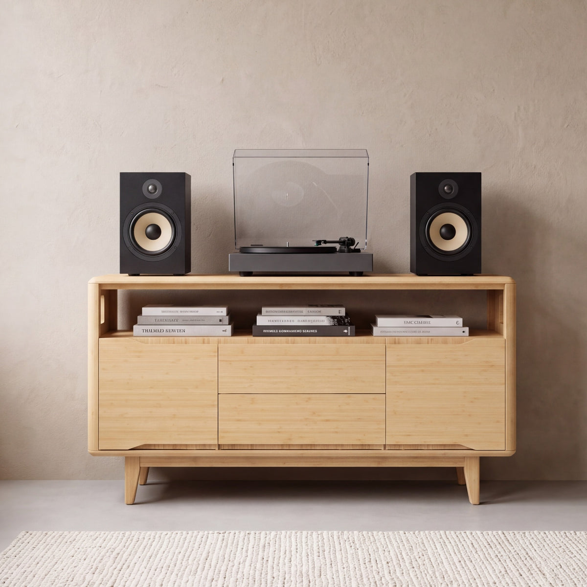 Greenington Currant Media Table in Caramelized bamboo, styled in a living room