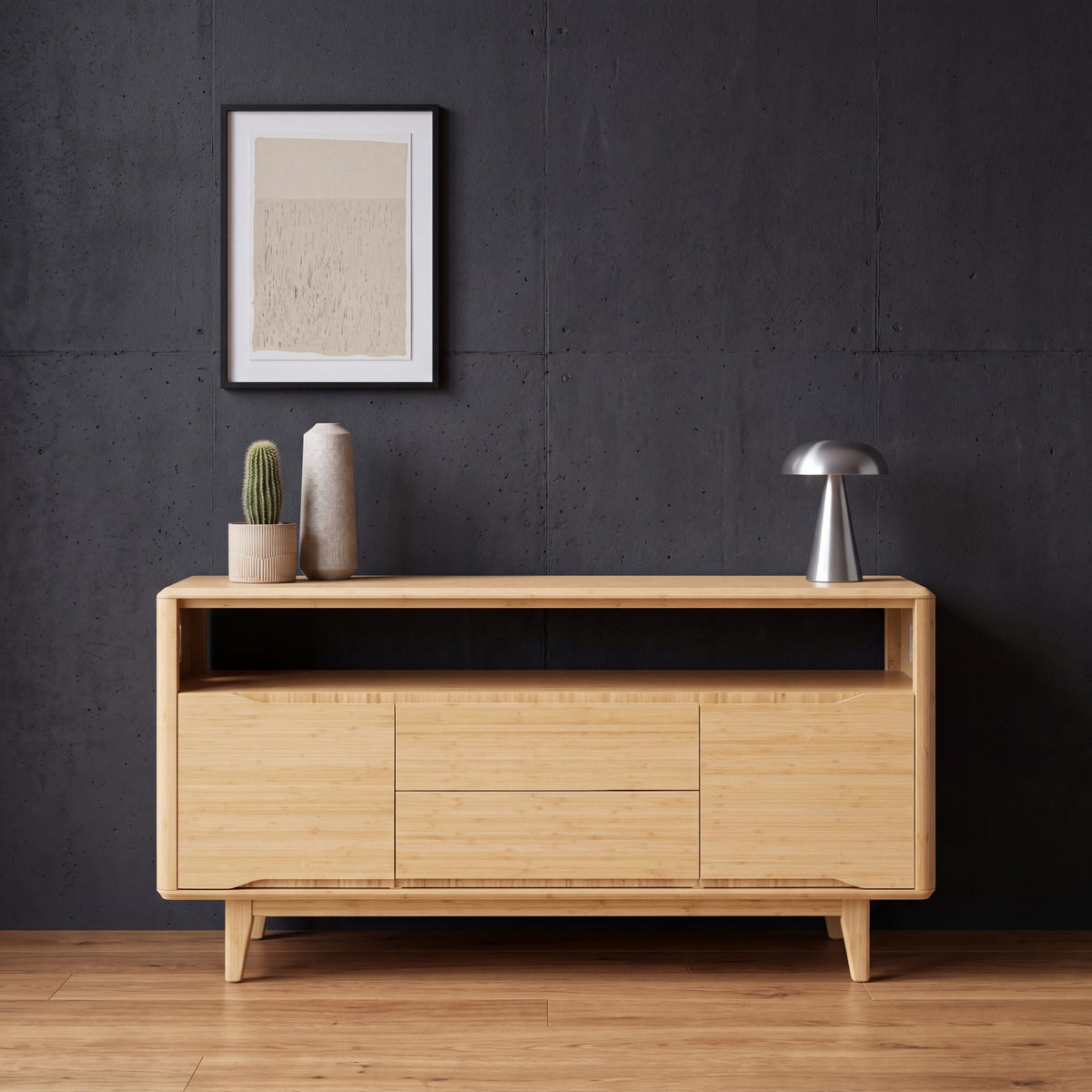 Greenington Currant Media Table in Caramelized bamboo, pictured in a living room