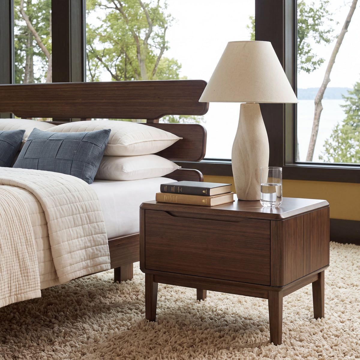 Greenington Currant Nightstand in Black Walnut bamboo, shown in a bedroom