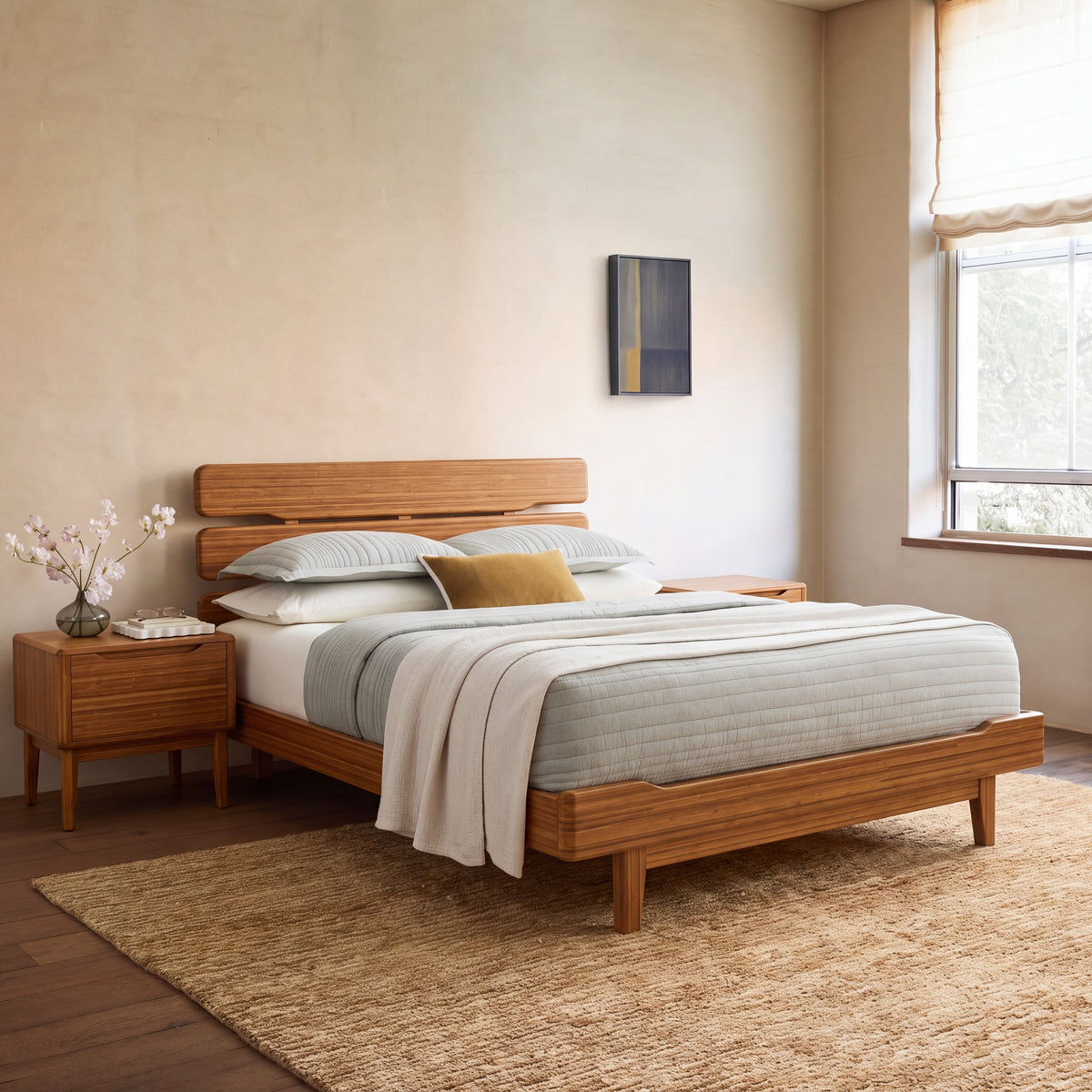 Greenington Currant Platform Bed in Amber bamboo, styled in a bedroom