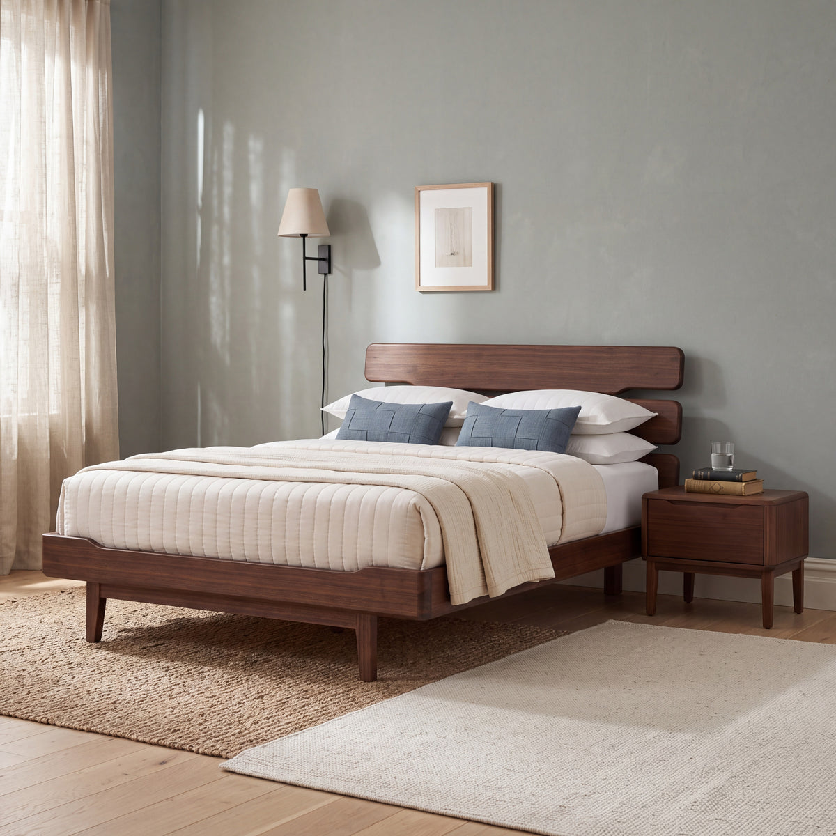 Greenington Currant Platform Bed in Black Walnut bamboo, styled in a bedroom