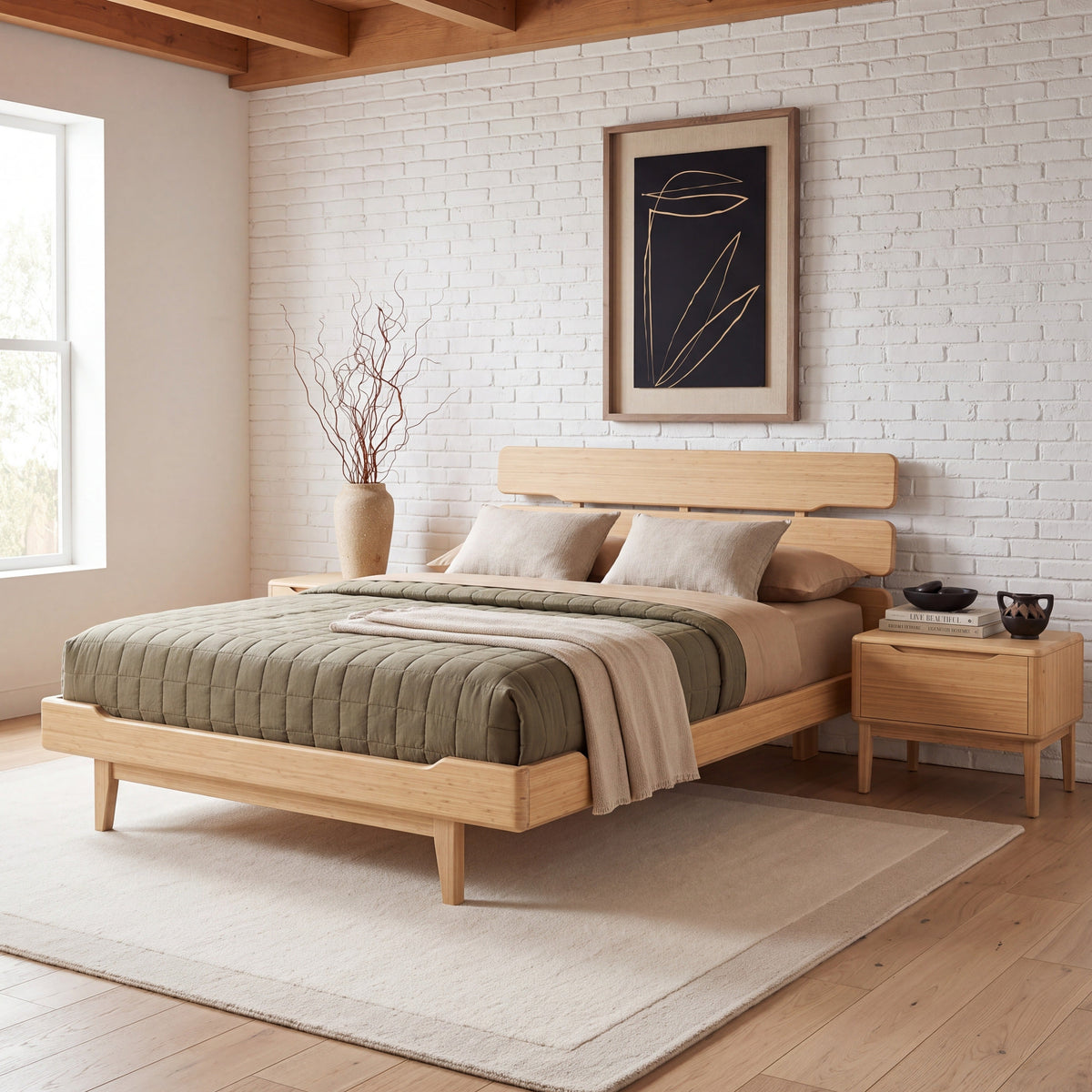 Greenington Currant Platform Bed in Caramelized bamboo, styled in a bedroom