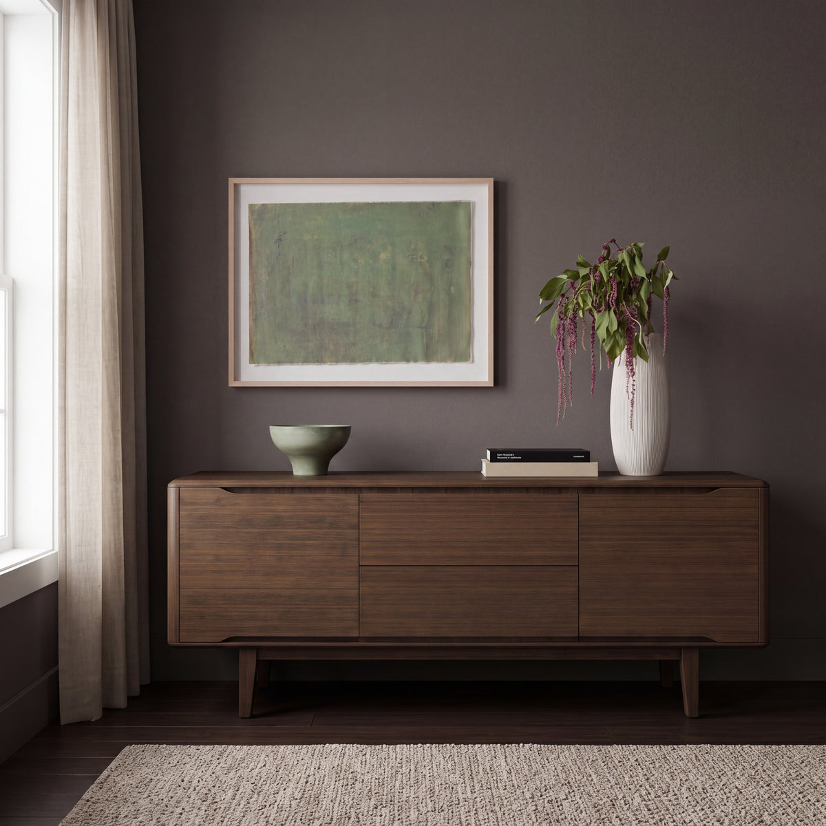 Greenington Currant Sideboard/Media Center in Black Walnut bamboo, pictured in a living room