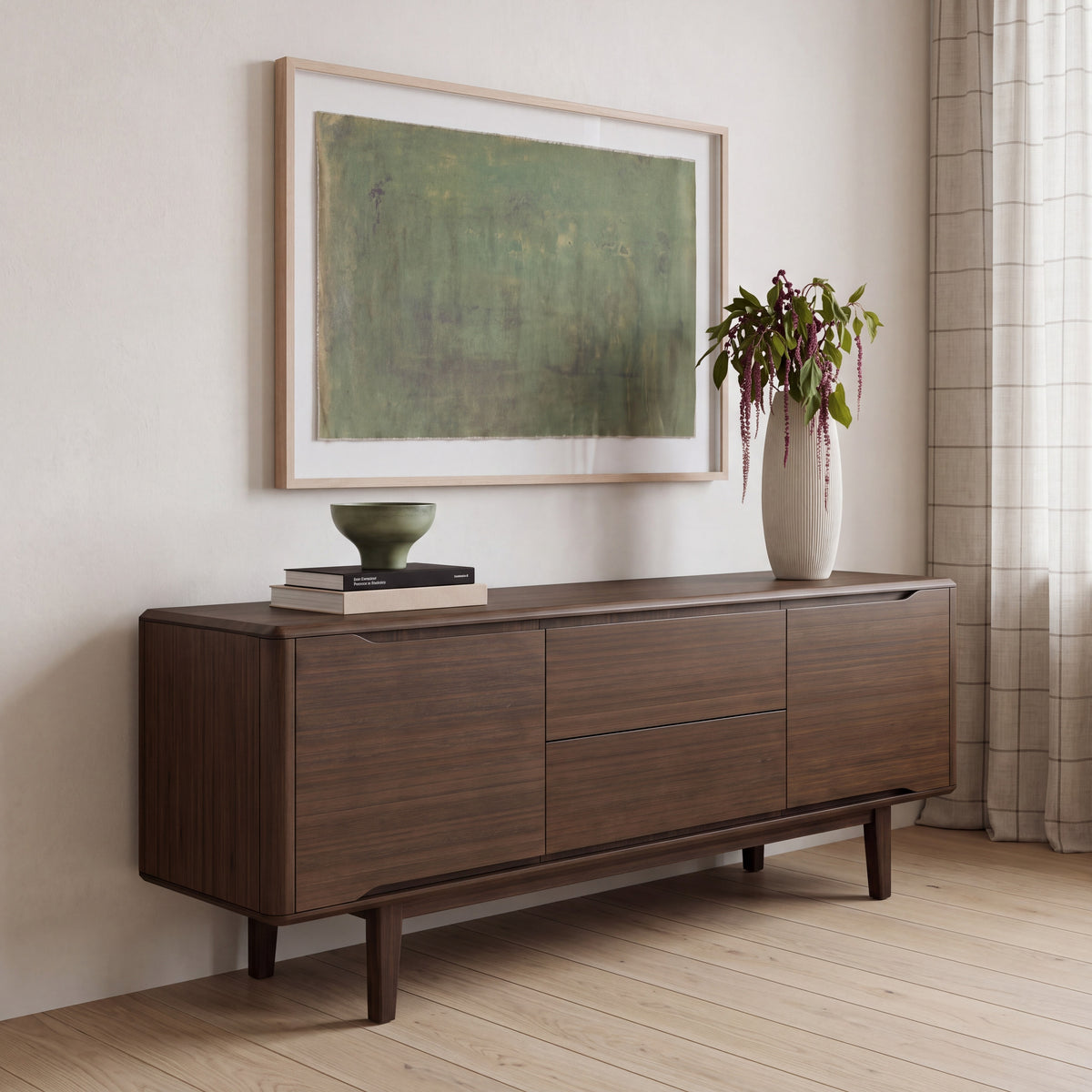 Greenington Currant Sideboard/Media Center in Black Walnut bamboo, styled in a living room