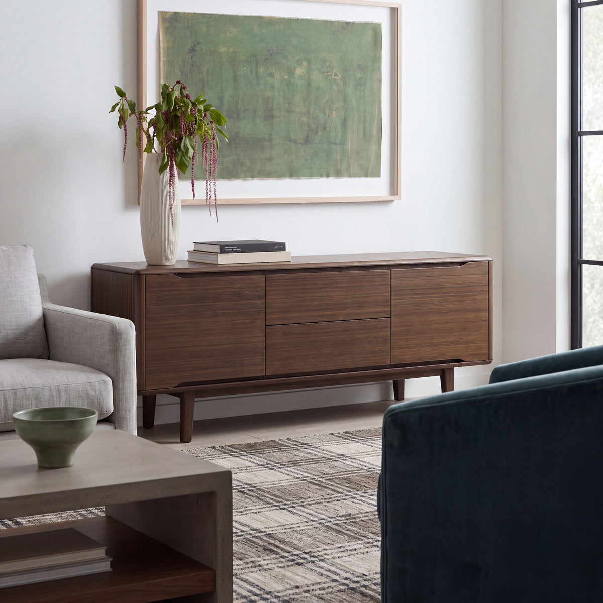 Greenington Currant Sideboard/Media Center in Black Walnut bamboo, shown in a living room