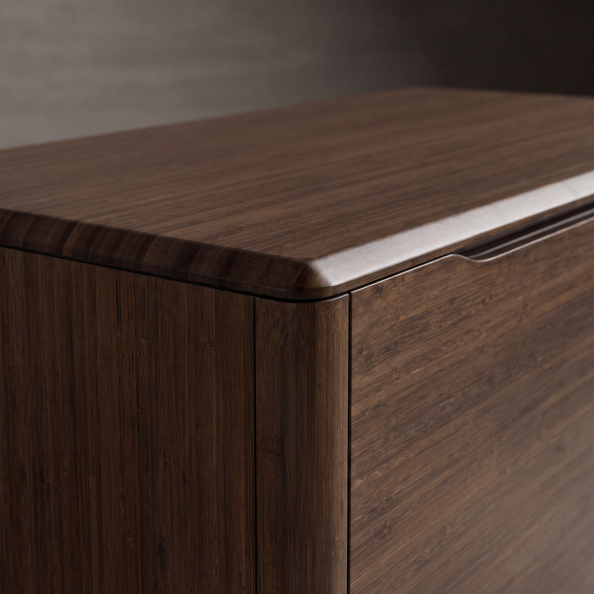 Close-up of the top and bamboo grain on the Greenington Currant Sideboard/Media Center in Black Walnut bamboo