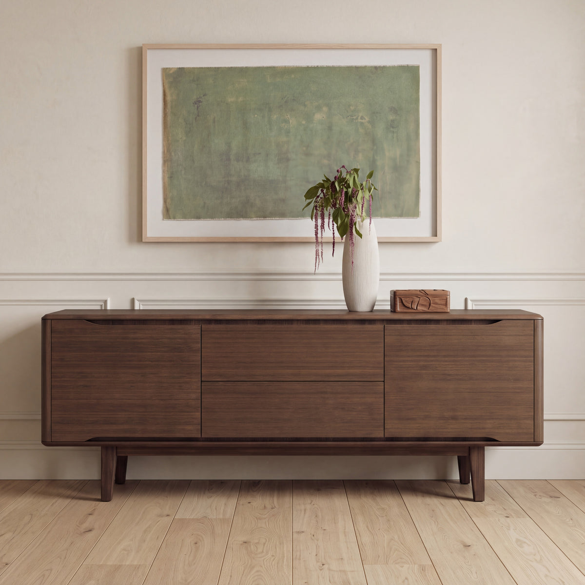 Greenington Currant Sideboard/Media Center in Black Walnut bamboo, styled in a living room