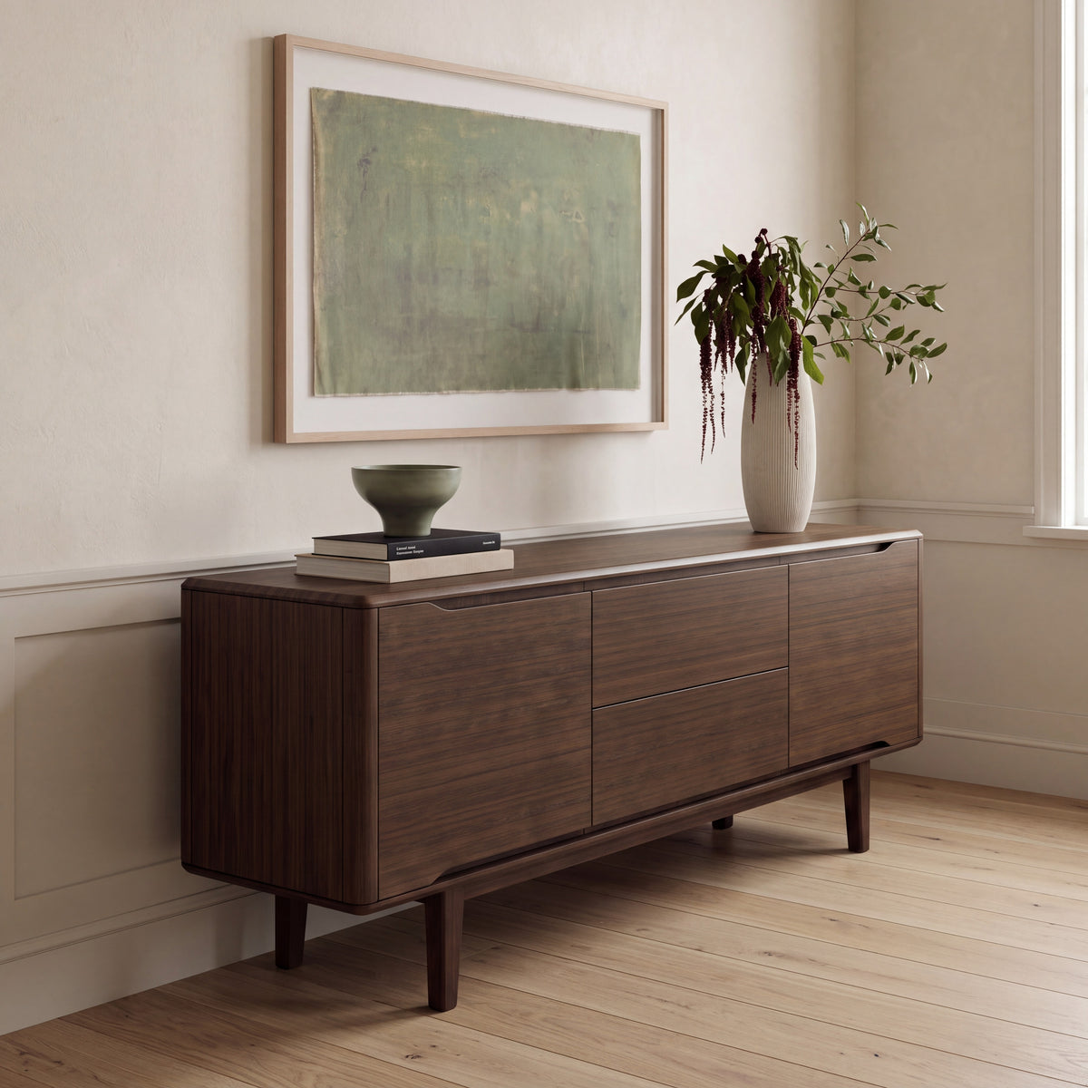 Greenington Currant Sideboard/Media Center in Black Walnut bamboo, shown in a living room