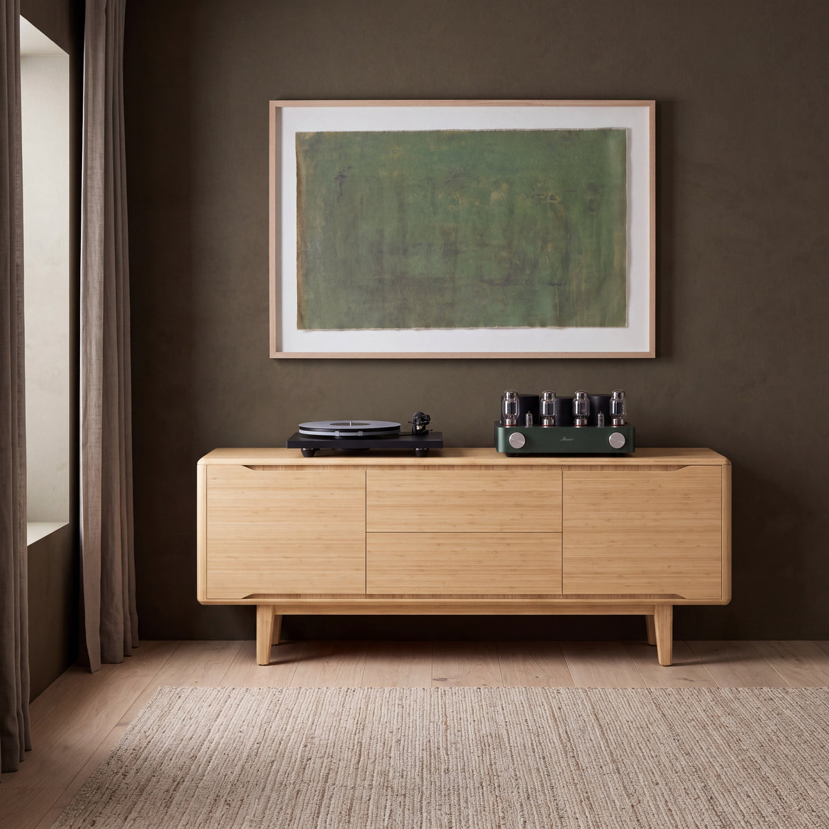 Greenington Currant Sideboard/Media Center in Caramelized bamboo, shown in a living room