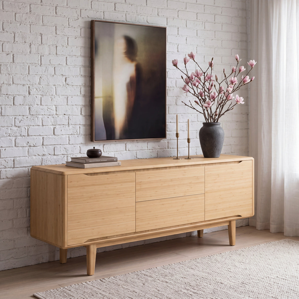 Greenington Currant Sideboard/Media Center in Caramelized bamboo, styled in a living room